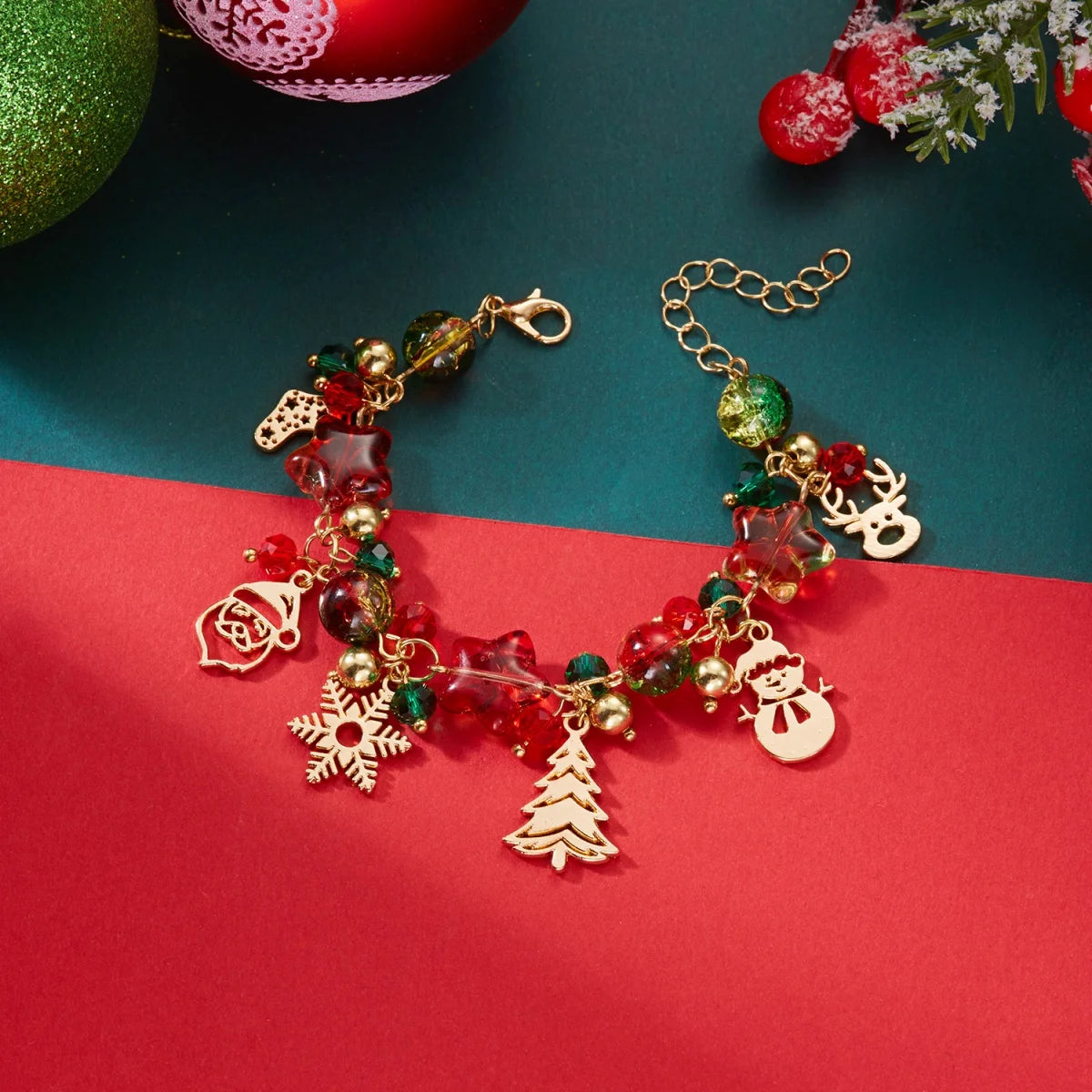Christmas Charm Bracelet Unisex — Snowflake Santa Snowman Reindeer Bell Crystal Beads Holiday Gift