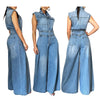 Washed Denim Sleeveless Jumpsuit for Women – Lapel Collar Button Front, High-Waist Wide-Leg Ankle-Length Streetwear