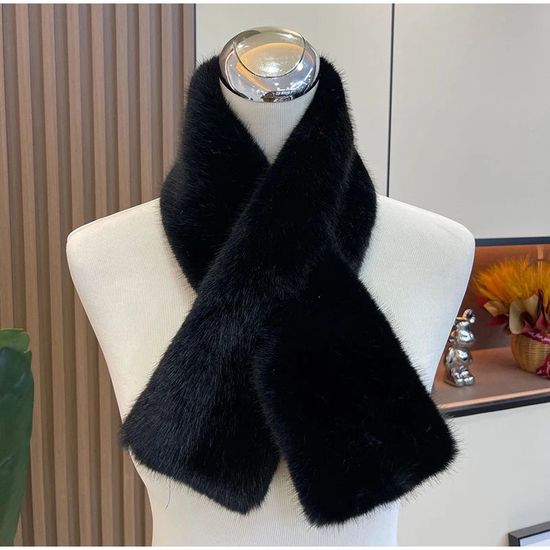 Women's Thick Faux Rabbit Fur Cross Collar Scarf - Winter Neck Warmer Soft Furry Solid Color Shawl
