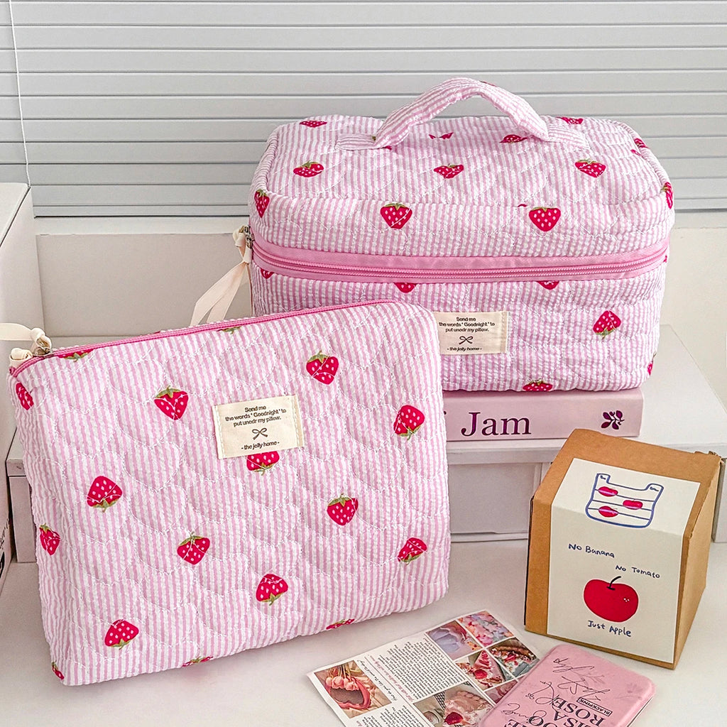Pink Strawberry Quilted Cosmetic Bag – Portable Travel Makeup Pouch & Toiletry Organizer, Multiple Sizes (Small 15×9×8 cm / 5.9×3.5×3.1 in; Handbag 24×18.5×7 cm / 9.4×7.3×2.8 in; Tote 25×16×15 cm / 9.8×6.3×5.9 i
