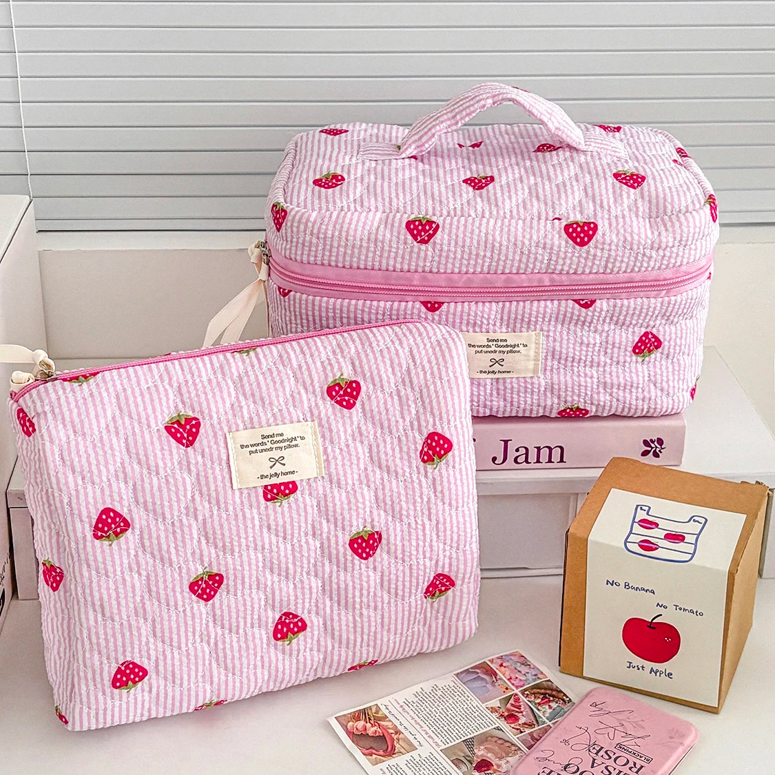 Pink Strawberry Quilted Cosmetic Bag – Portable Travel Makeup Pouch & Toiletry Organizer, Multiple Sizes (Small 15×9×8 cm / 5.9×3.5×3.1 in; Handbag 24×18.5×7 cm / 9.4×7.3×2.8 in; Tote 25×16×15 cm / 9.8×6.3×5.9 i