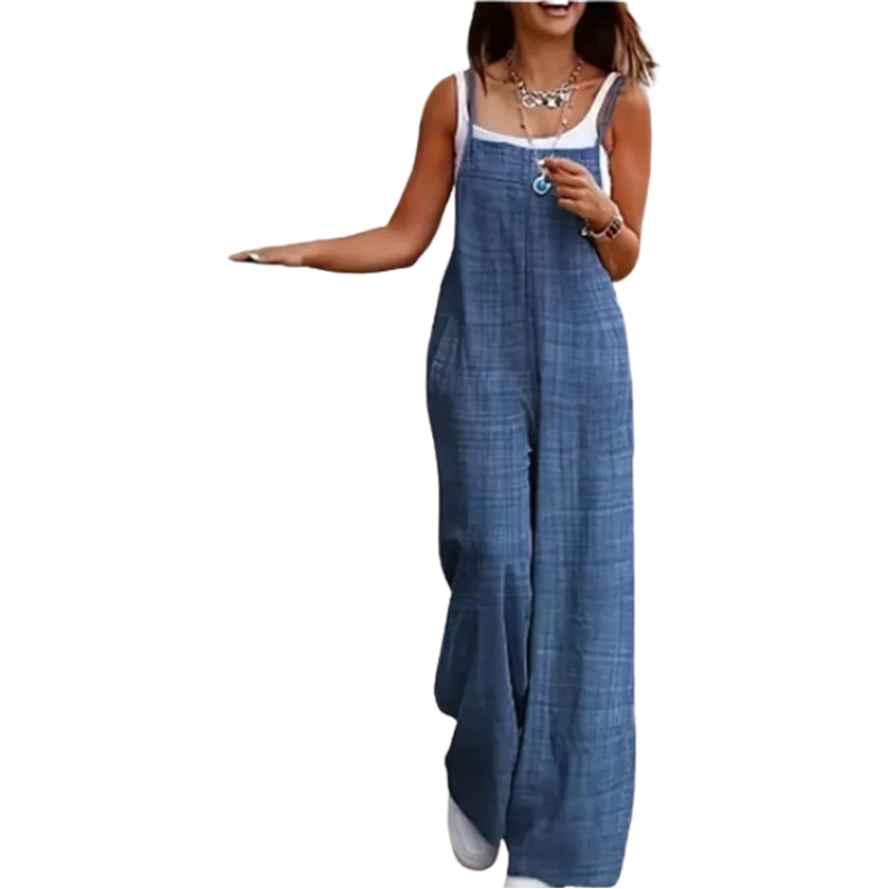 Women's Sleeveless Suspender Jumpsuit — Loose Casual Monochrome Summer Jumpsuit with Pockets