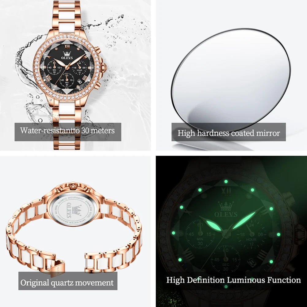 OLEVS Women's Ceramic 35mm Quartz Chronograph Watch - Waterproof Luminous Date Elegant Dress Wristwatch