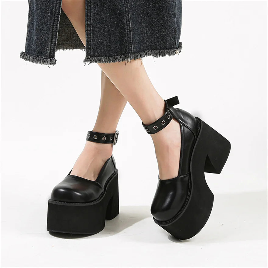 Women's Patent Leather Buckle Loafers – Retro Platform Pumps, 10 cm (3.94 in) Chunky Heel, 4 cm (1.57 in) Platform