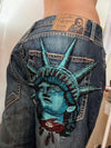 Vintage Statue of Liberty Embellished High-Waist Wide-Leg Denim Jeans – Straight Casual Y2K Harajuku