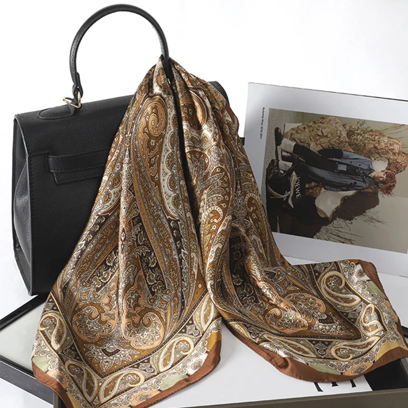 Bohemian Paisley Satin-Feel Polyester Square Scarf for Women 70×70 cm (27.6×27.6 in) – Neck, Hair, Bandana Shawl