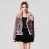 Women's Retro Short Faux Leather Fur Moto Biker Jacket with Zipper and Turn-Down Collar