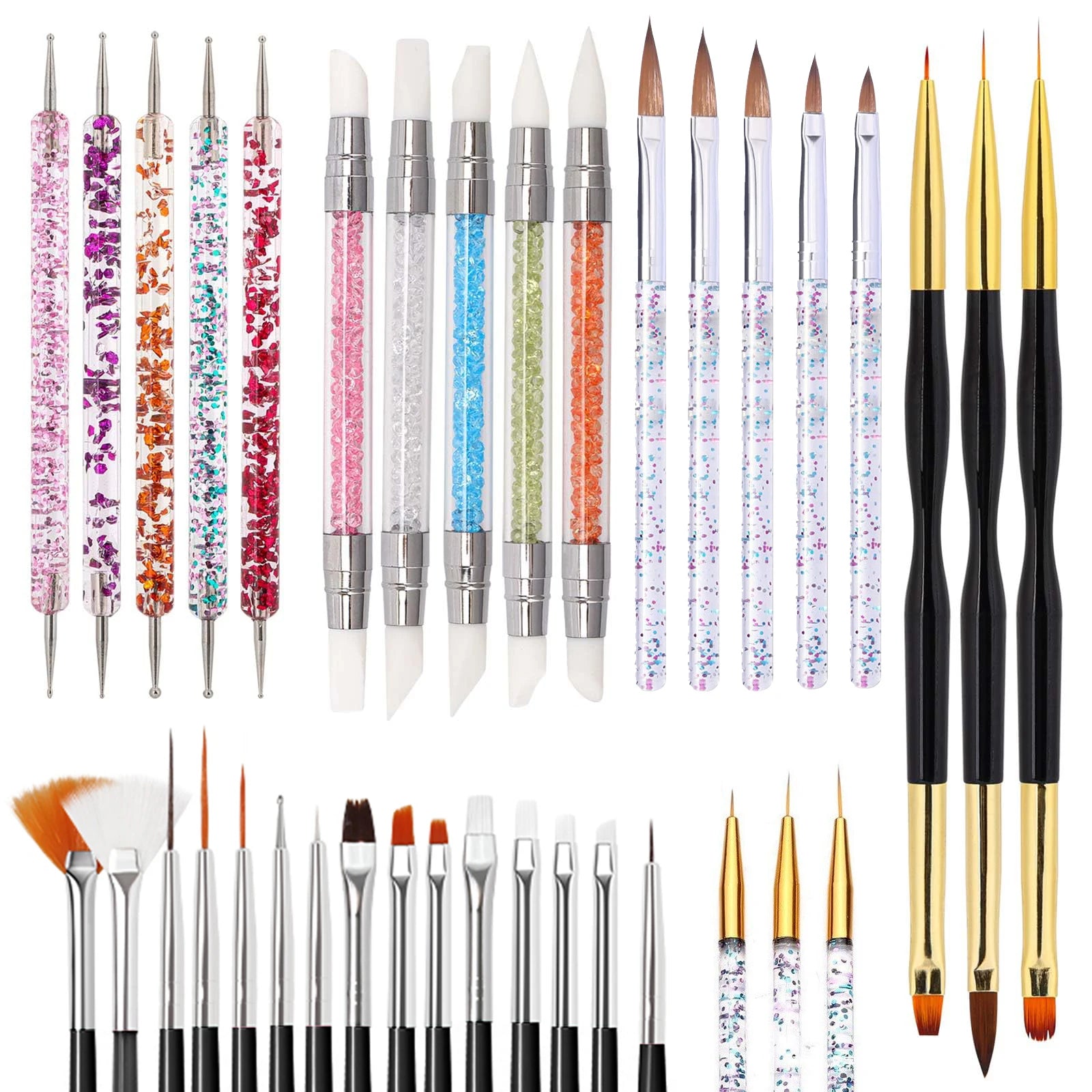 36-Piece Nail Art Brush Set + 5-Piece Silicone Tools — Fine Liner, Striping, Dotting & 3D Gel Acrylic Design Brushes for Home Use