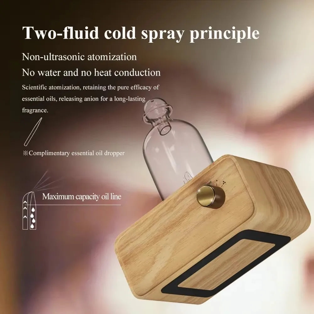 Glass Essential Oil Diffuser with Wood Grain Base — 2600mAh Nebulizer Aromatherapy for Home & Office