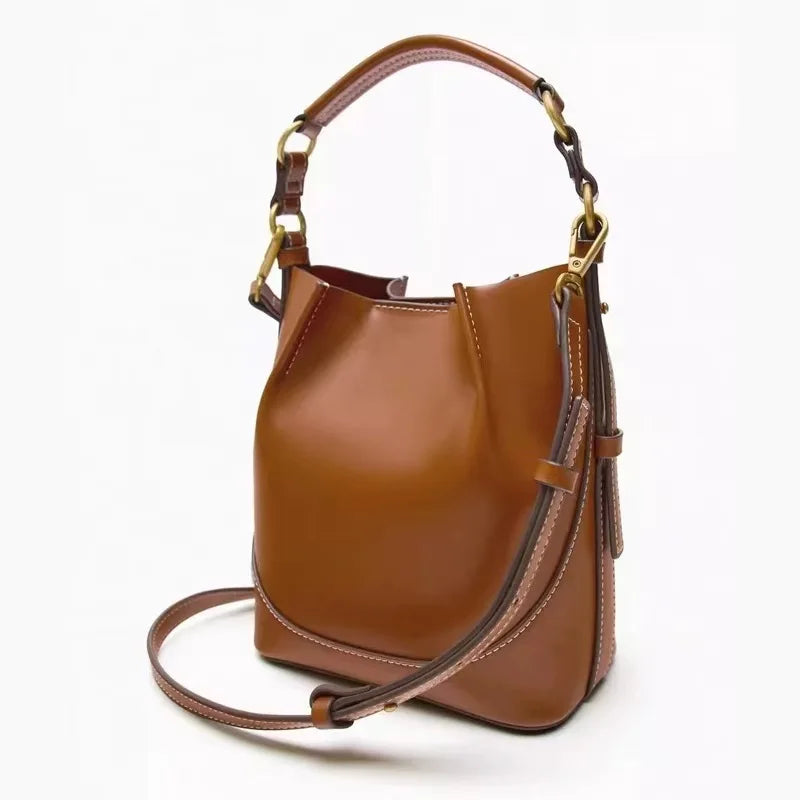 Korean Style Brown Drawstring Bucket Bag - Portable Crossbody Shoulder Bag