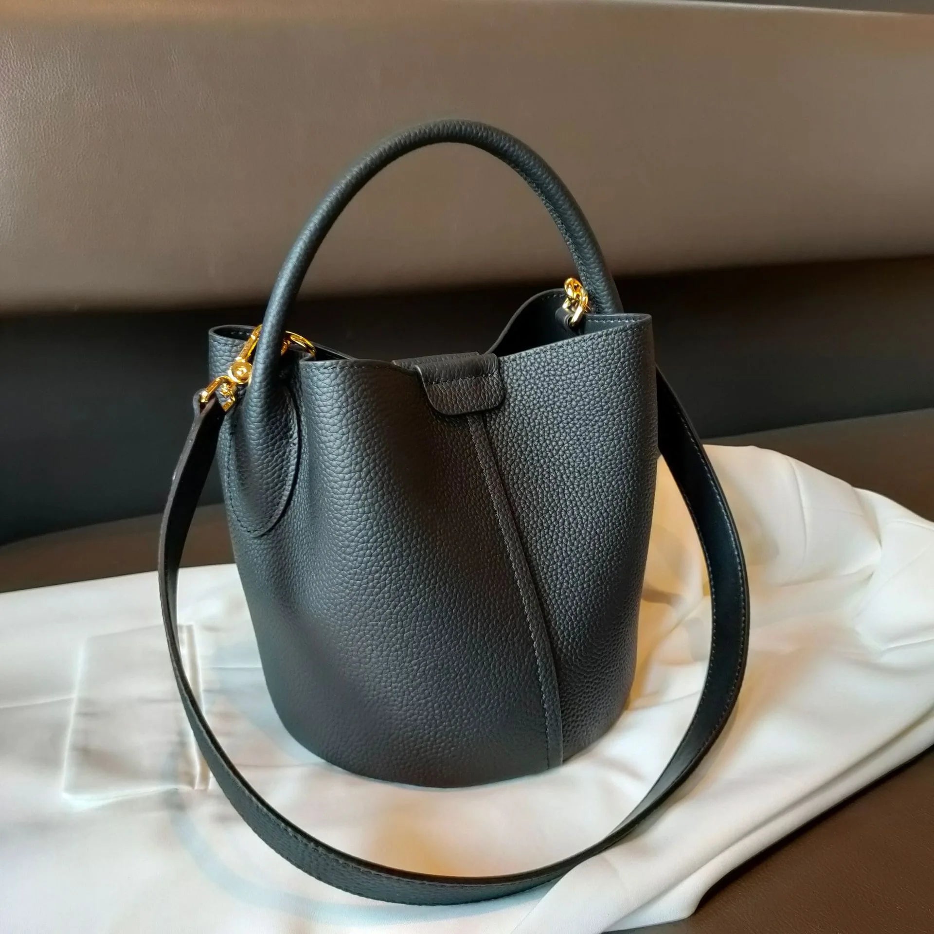 Lavender Purple Round Bucket Tote Small Genuine Cowhide Leather Shoulder & Crossbody Bag for Women