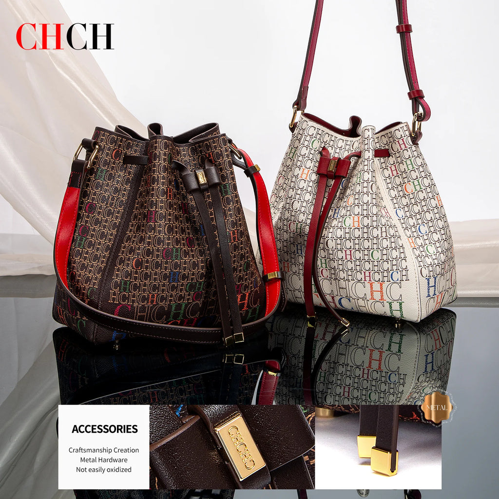 CHCH Women's Drawstring Bucket Bag with Matching Wallet – Coffee Letter Print Shoulder Handbag