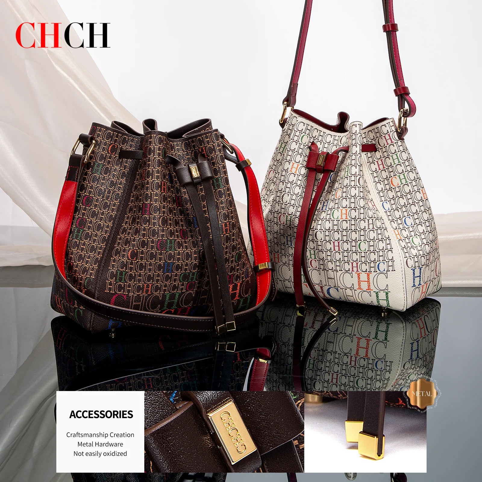 CHCH Women's Drawstring Bucket Bag with Matching Wallet – Coffee Letter Print Shoulder Handbag