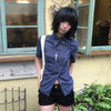 Vintage Plaid Short Sleeve Shirt for Women — Y2K Retro Japanese-Style Casual Button-Down Top