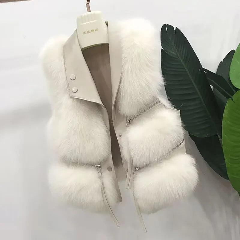 Women's Faux Fur Plush Vest – Sleeveless Zipper Waistcoat with PU Leather Trim, Cozy Autumn/Winter Outerwear