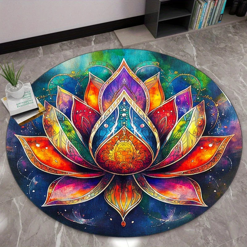 Round Lotus Mandala Rug – Colorful Psychedelic Yoga & Meditation Mat, Soft Plush Boho Carpet