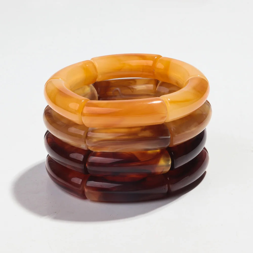 Acrylic Resin Amber Bamboo Bead Bracelet Set - 4-Pack Stretch Beaded Bangles for Women