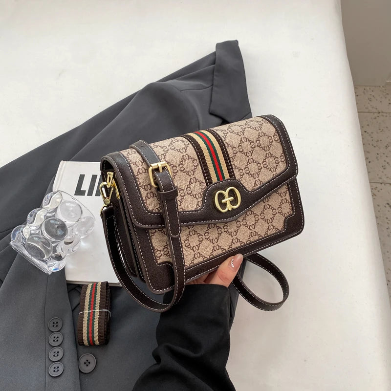 Geometric Quilted PU Shoulder Bag with Metal Logo — Lightweight Flap Crossbody, Magnetic Snap & Adjustable Strap