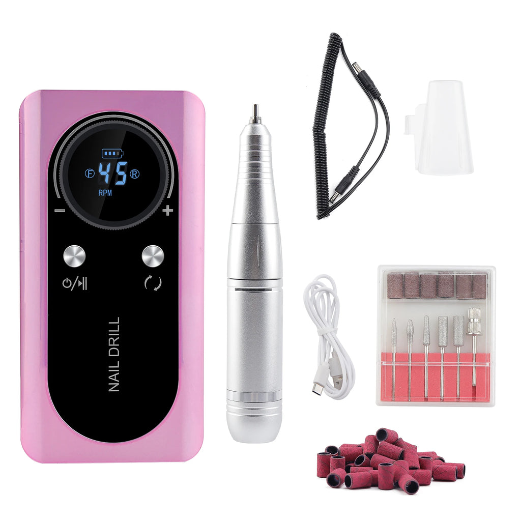 Rechargeable 45000RPM Portable Nail Drill Kit – Wireless Manicure & Pedicure Grinder with 6 Bits and 6 Sanding Bands