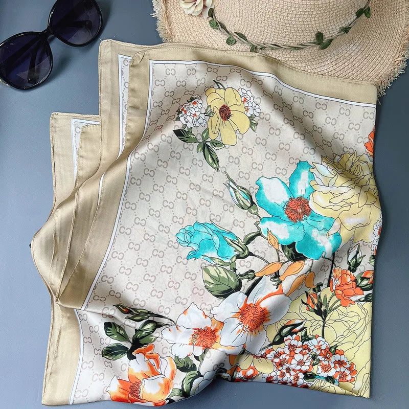 70 x 70 cm (27.6 x 27.6 in) Floral Satin-Look Polyester Square Scarf - Women's Headscarf, Hijab, Hair Band & Wrist Wrap