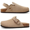 Women's Genuine Leather Suede Clogs with Soft Cork Footbed, Adjustable Buckle Strap Comfort Slip-On Mules