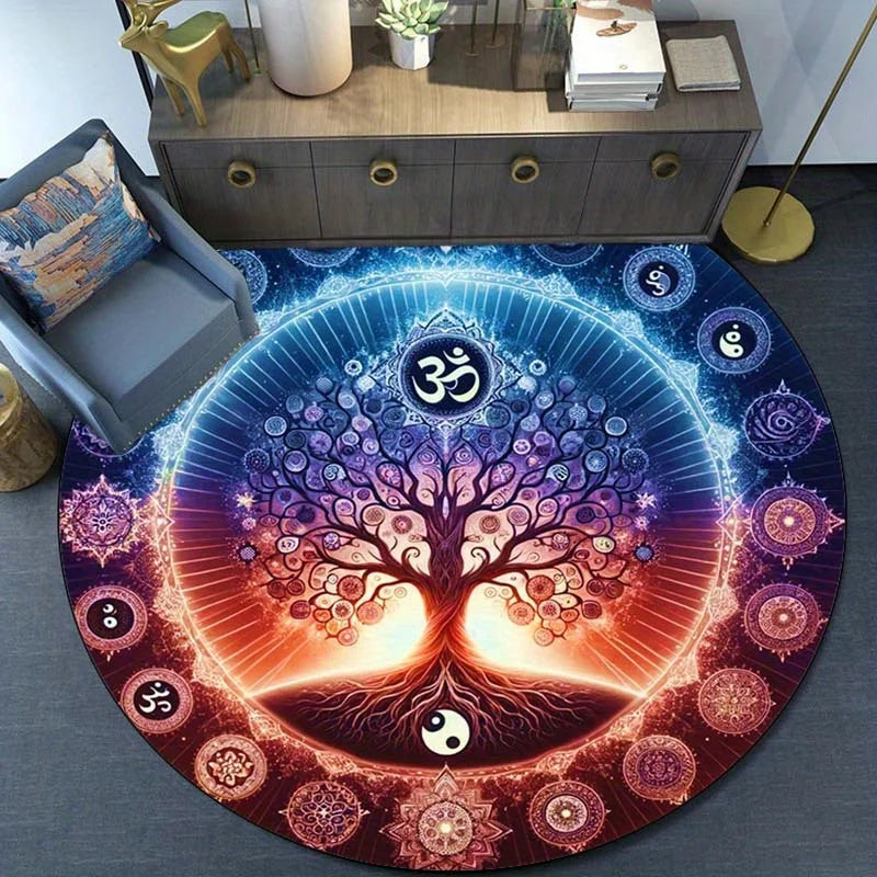 Mandala Tree of Life Om Round Rug – Plush Non-Slip Yoga & Meditation Mat, Boho Floor Mat (23–71 in / 60–180 cm)