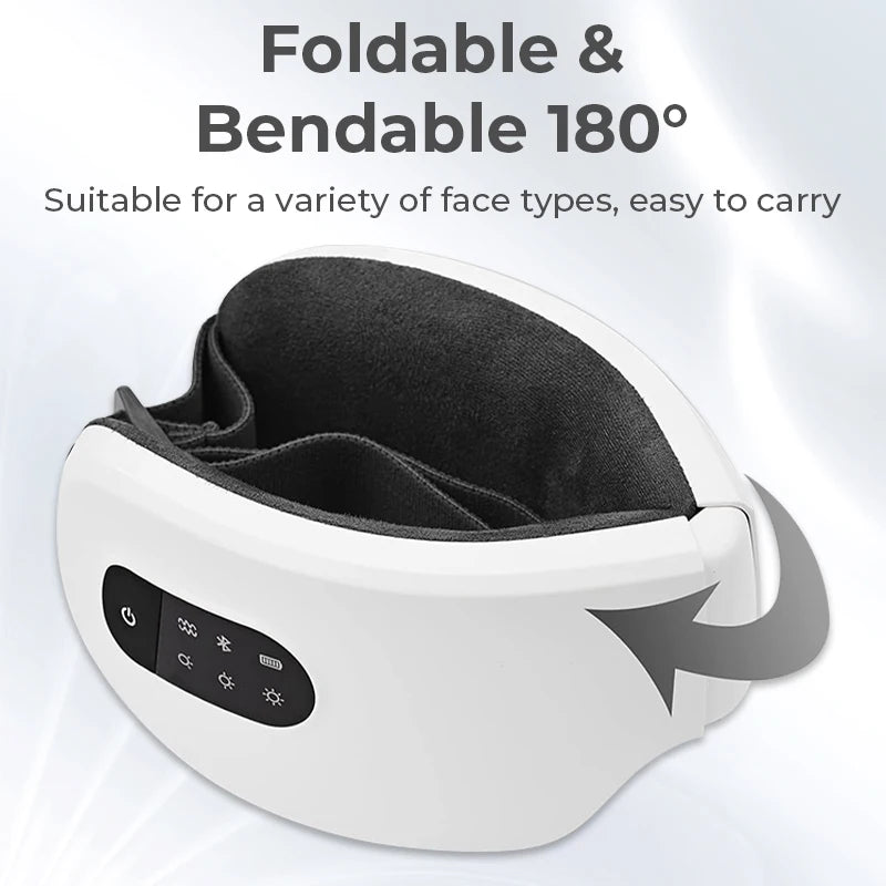 Bluetooth Heated Eye Massager with Vibration & Airbag Compression — Foldable Rechargeable Eye Spa with Music, 4 Modes