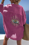 Women's Sequin Evil Eye Long Sleeve Cotton-Blend Blouse - Loose Summer Casual Turn-Down Collar