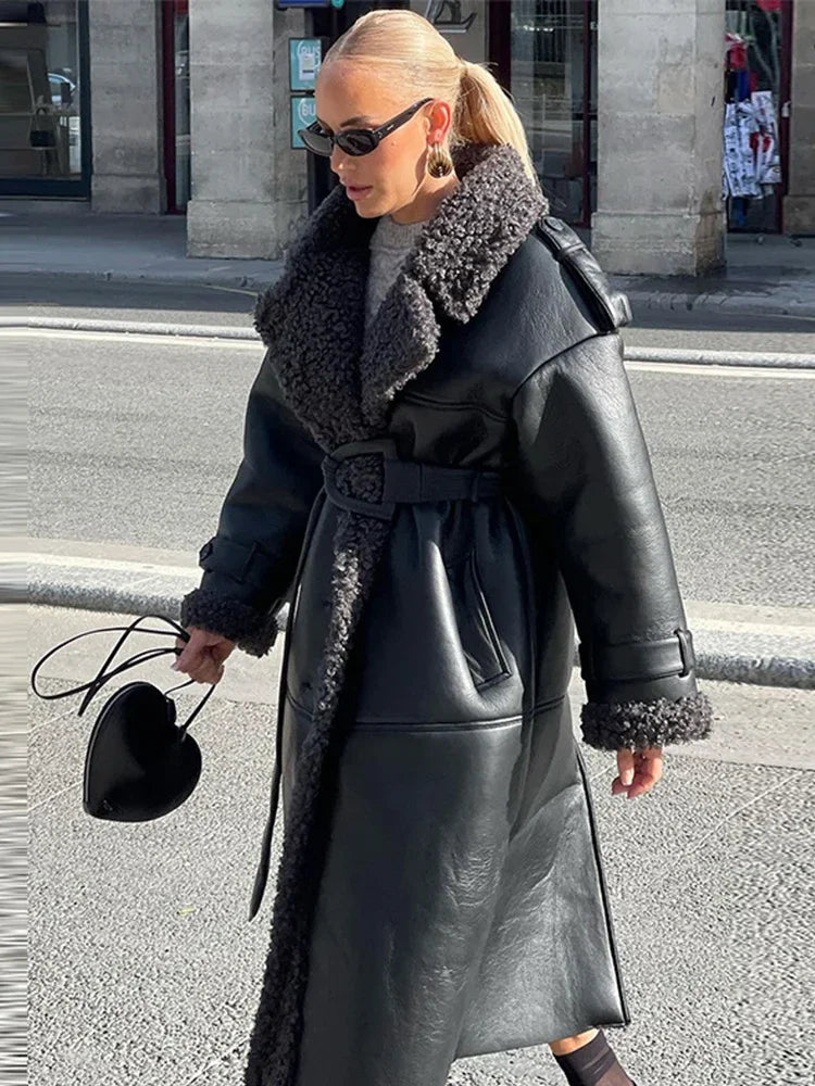 Faux Fur Leather Patchwork Long Coat for Women, Lapel Collar Belted Cotton-Lined Winter Jacket