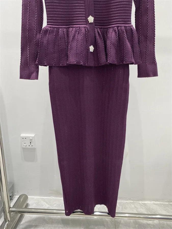 Hollow-Out Knitted Midi Sweater Dress with Ruffled Flare Sleeves – Purple Patchwork Floral