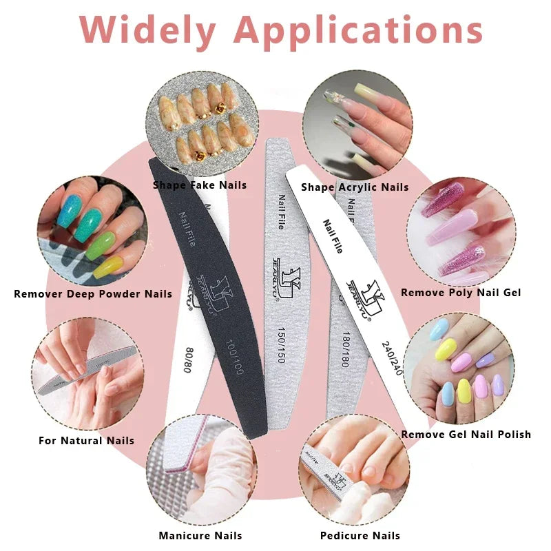 5-Pack Multi-Grit Nail Files 80/100/150/180/240 Grit Acrylic Manicure Buffers with Cuticle Remover, Mixed Colors - 7.0 in (17.8 cm)