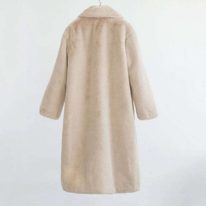 Women's Faux Leather Long Coat with Soft Mink Fur Trim & Pockets - Casual Street Style Winter Outwear