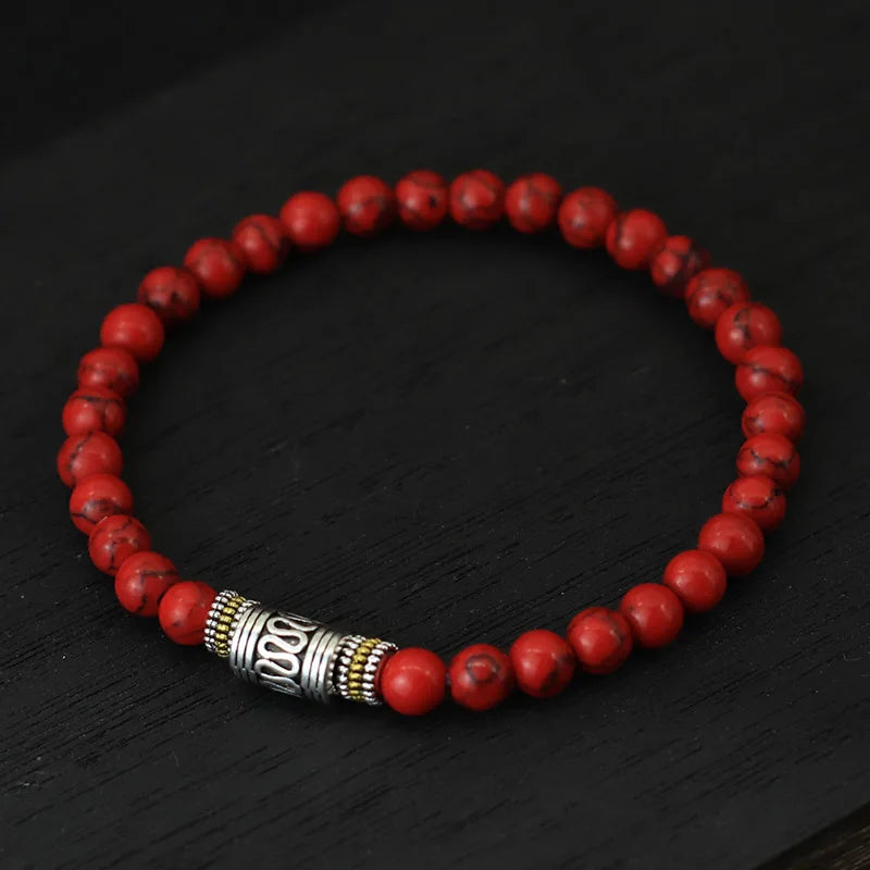 6mm Natural Stone Beaded Bracelet – Unisex Sanskrit Yoga Meditation Tibetan Buddhist Lucky Red Bracelet