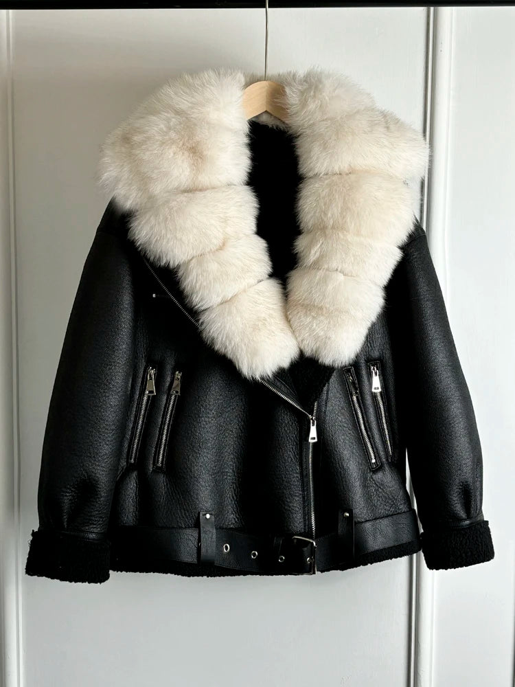 Women's Faux Leather Shearling Coat with Large Fox Fur Collar - Warm PU Moto Biker Jacket