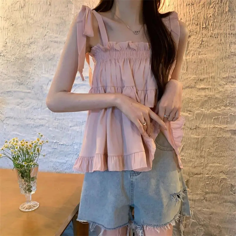 Korean Style Ruffled Spaghetti Strap Blouse - Solid Summer Slash Neck Women's Top
