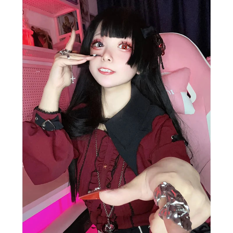 Kawaii Jirai Kei Lolita Y2K Japanese Style Blouse with Peter Pan Collar Long Sleeve Sweet Aesthetic Top for Women