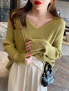 Long Sleeve V-Neck Button Knit Pullover Sweater for Women — Autumn/Winter Loose Fit Solid Jersey Top