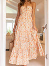Women's Boho Chiffon Halter V-Neck Sleeveless Tiered A-Line Maxi Dress — Backless Beach Dress