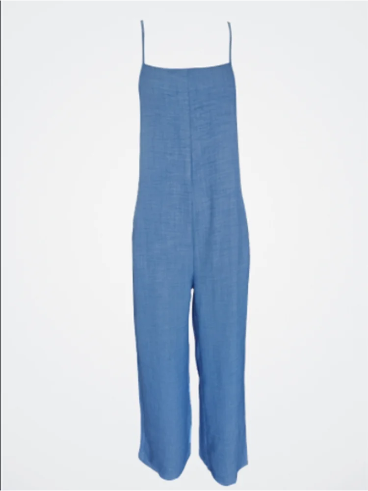 Women's Sleeveless Suspender Jumpsuit — Loose Casual Monochrome Summer Jumpsuit with Pockets