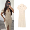 ETJ Denim Midi Dress with Lapel and Side Zipper – Slim Wrinkle-Waist Pencil Dress