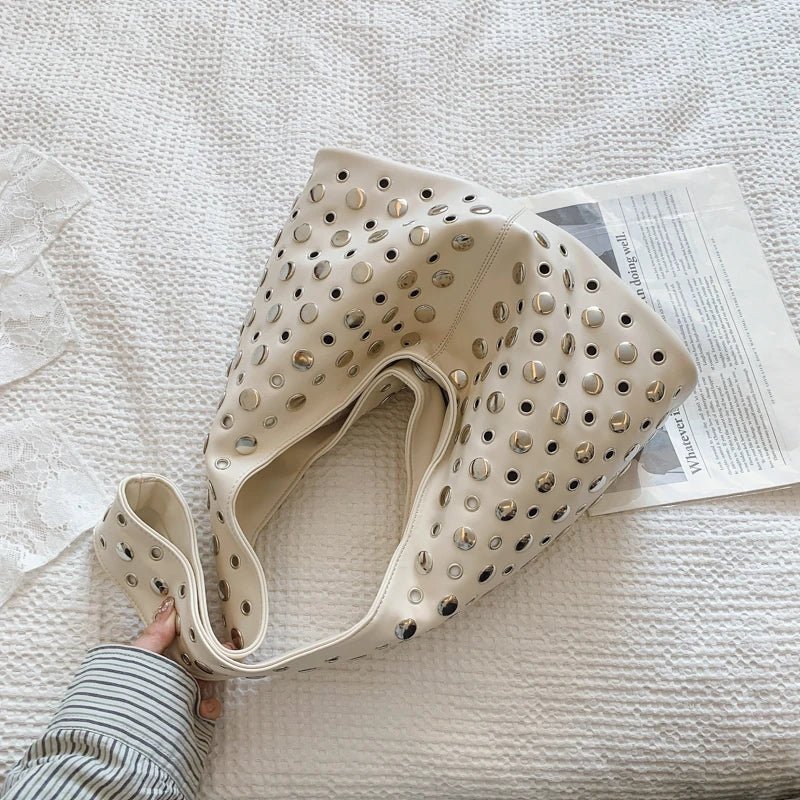 Rivets PU Leather Bucket Hobo Bag for Women - Punk Shoulder Handbag Purse