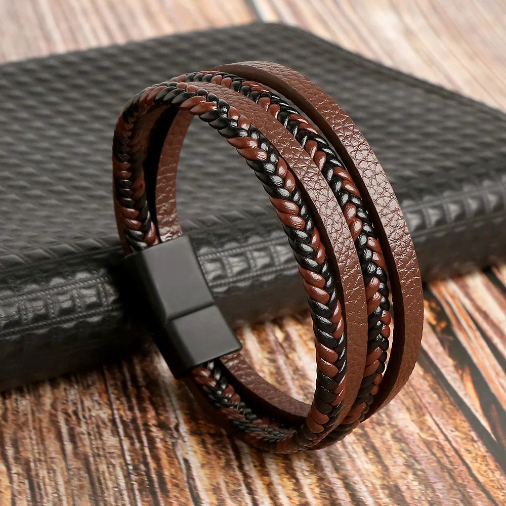 Classic Tiger Eye Beaded Multi-Layer Leather Bracelet for Men — Magnetic Clasp, Punk Style (19/21/23 cm | 7.5/8.3/9.1 in)