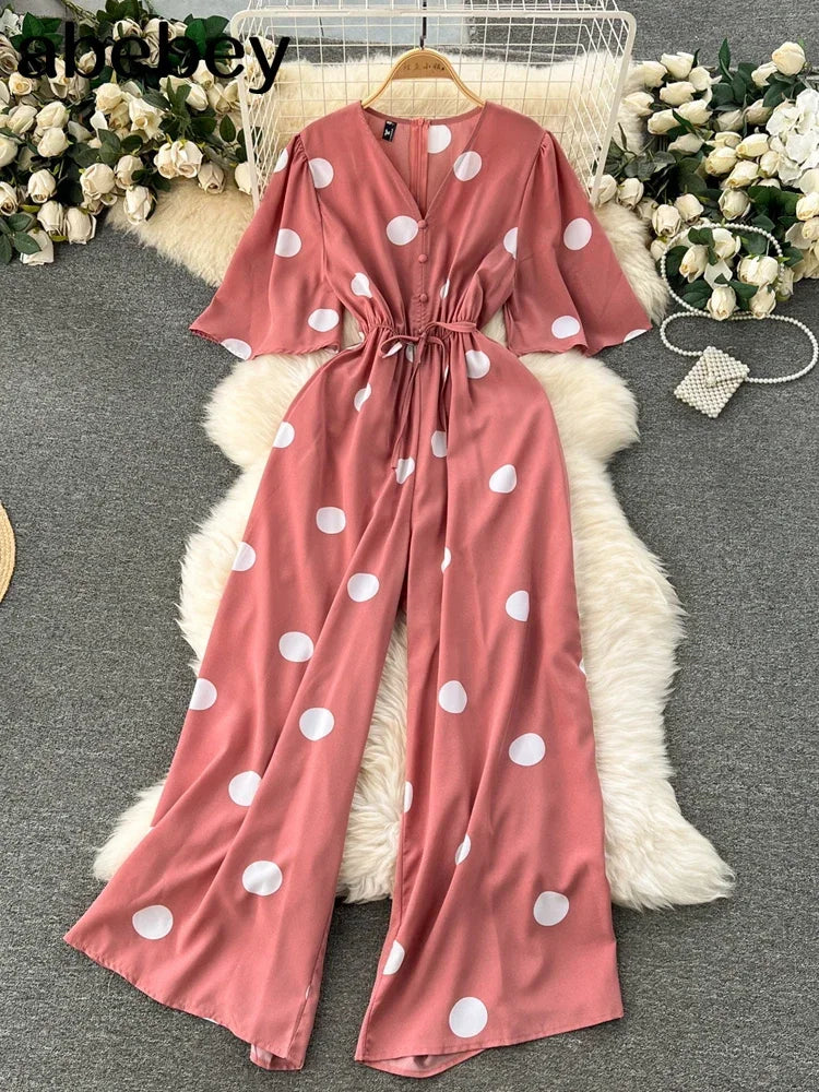 Women's Bohemian Polka Dot V-Neck Wide Leg Jumpsuit with Dolman Sleeves and High Waist