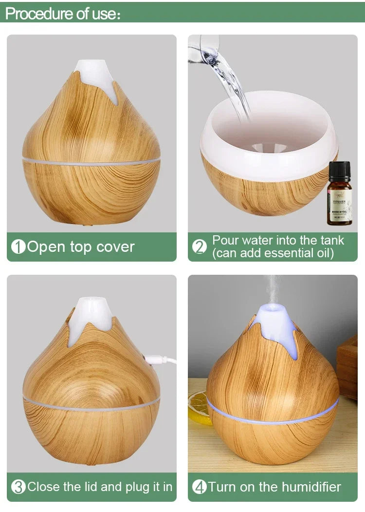 350ml (11.8 oz) Wood Grain Ultrasonic Essential Oil Diffuser & Humidifier, USB, Remote Control, 7-Color LED