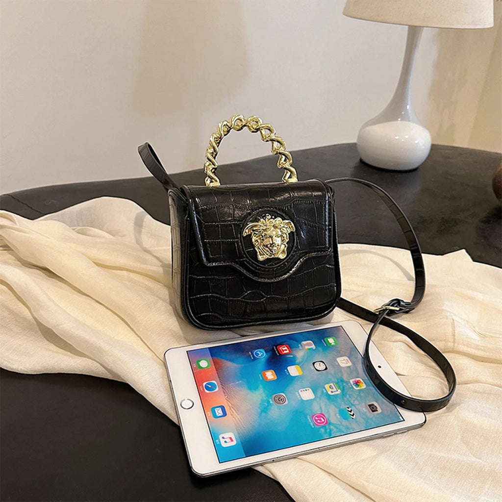 Mini Croc-Embossed Crossbody Bag with Gilded Medusa Logo – Vegan PU Flap, Magnetic Closure, Chain Handle & Adjustable Strap