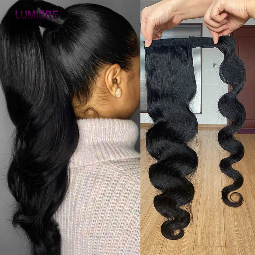 Body Wave Wrap-Around Ponytail Clip-In 100% Virgin Brazilian Human Hair Extensions Natural Black 120g
