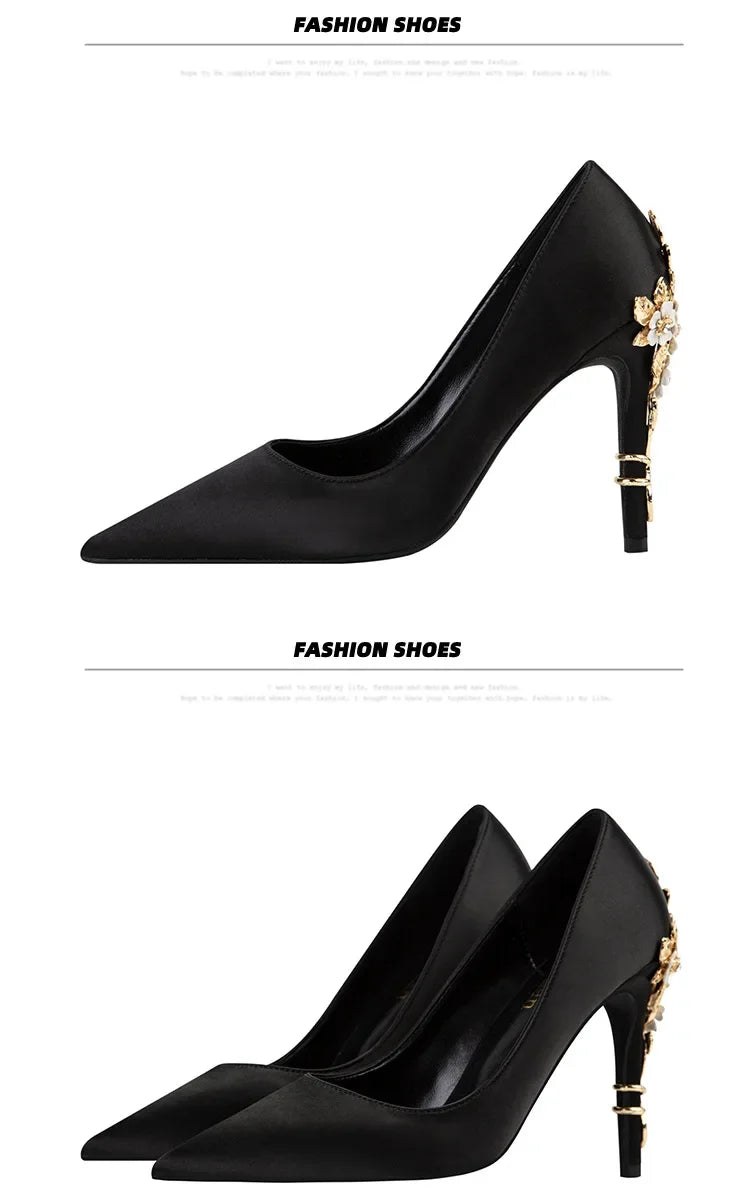 Women's Satin Pointed-Toe Stiletto Pumps with Metal Flower Detail — High Heel Wedding Shoes