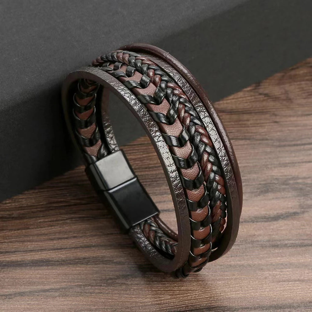 Men's Multi-Layer Leather Braided Bracelet with Alloy Magnetic Clasp - Vintage Wrap Bracelet 8.26 in (21 cm)