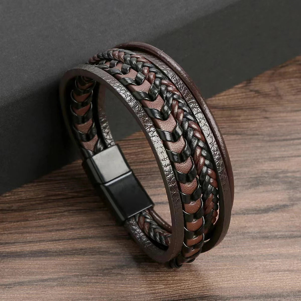 Men's Multi-Layer Leather Braided Bracelet with Alloy Magnetic Clasp - Vintage Wrap Bracelet 8.26 in (21 cm)