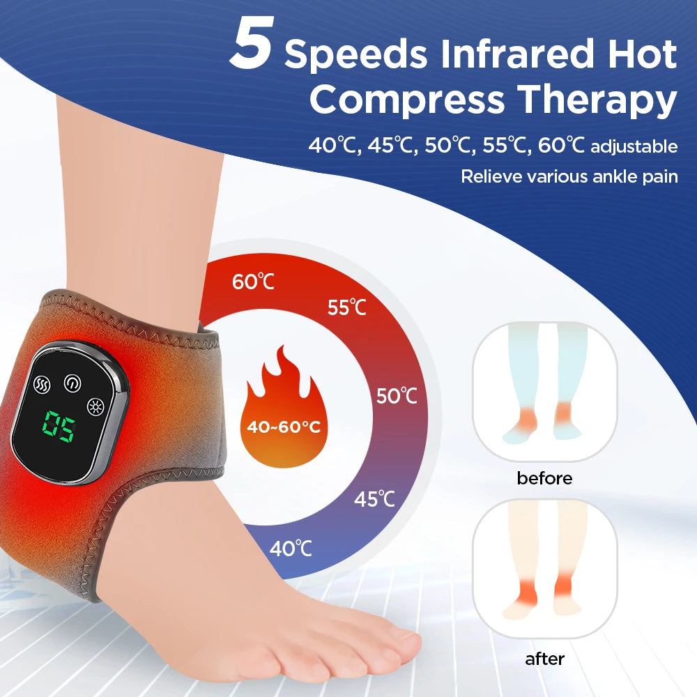 Electric Heated Ankle Brace — Rechargeable Foot Massager with Vibration & 5-Level Infrared Hot Compress (Grey)